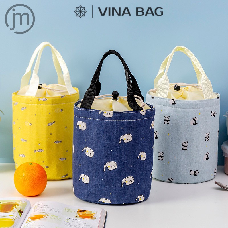 Túi Đựng Cơm đa năng, giữ nhiệt ,tiện lợi dây rút QSND vải Linen hoạ tiết dễ thương