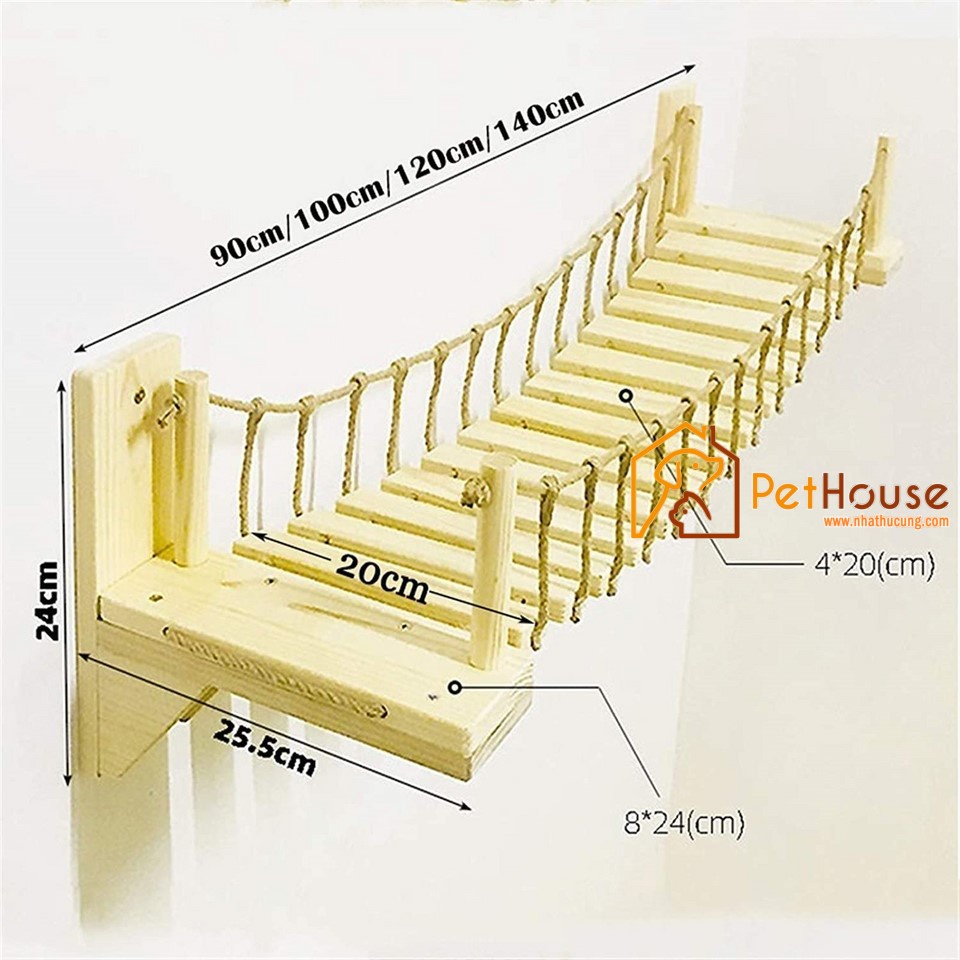 Cầu treo tường dành cho mèo, thang dây gỗ, sân chơi cho mèo bằng gỗ tự nhiên