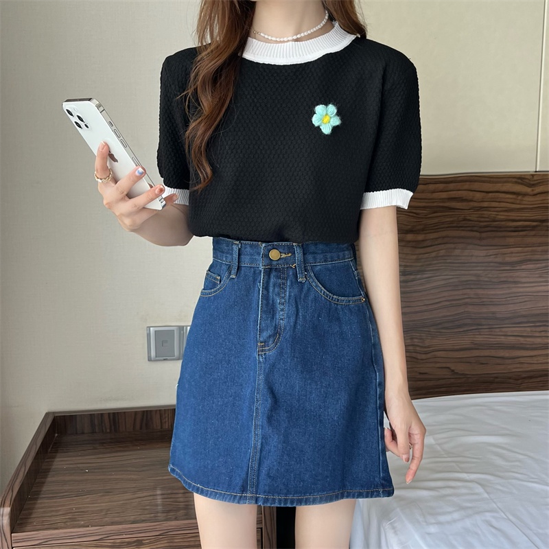 Áo thun dệt kim ZHELIHANGFEI tay ngắn thêu hoa xinh xắn thời trang