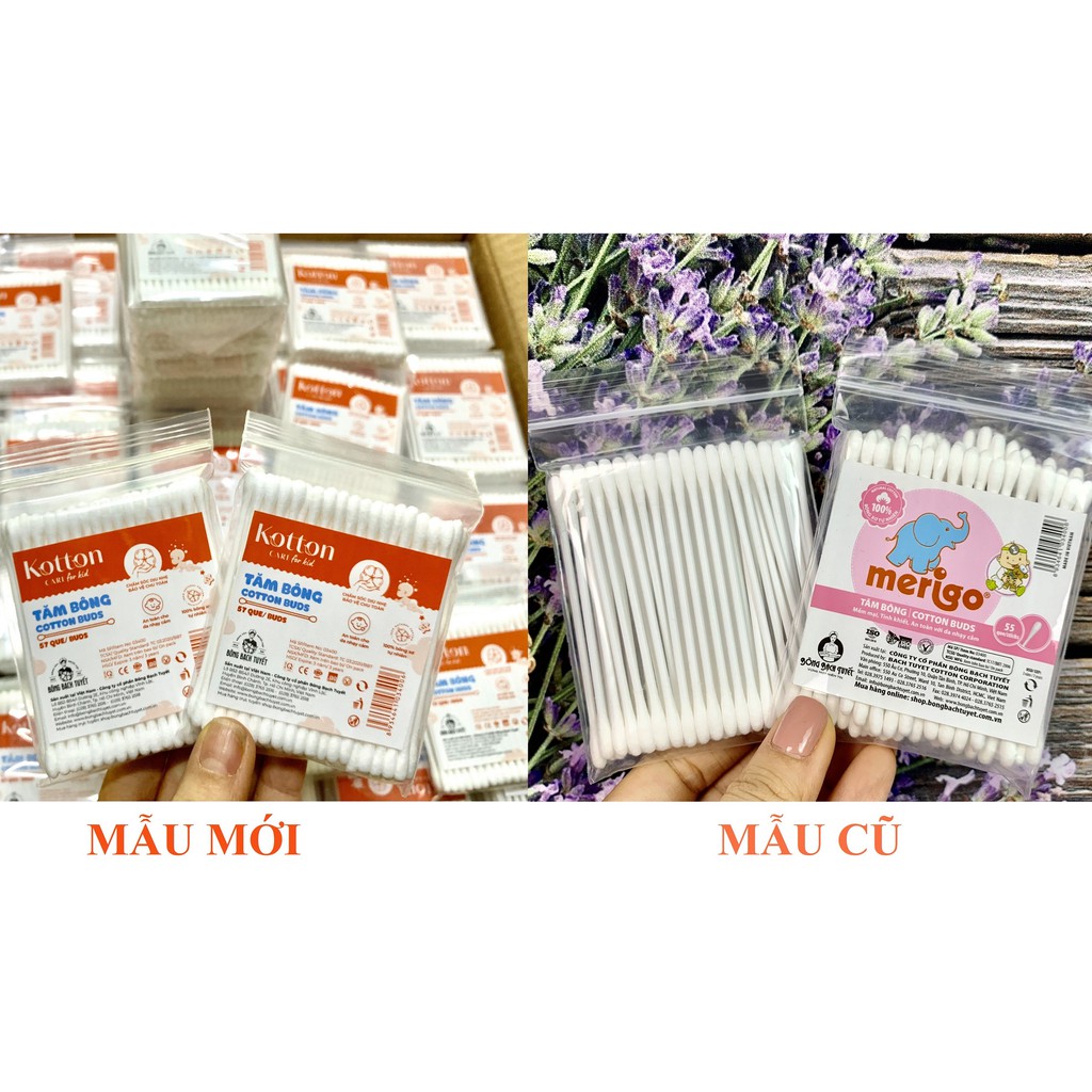 Tăm Bông cho bé đầu tăm nhỏ lốc 10 gói ( 57 que/ gói ) Kotton Care For Kid - Tăm bông chính hãng Bông Bạch Tuyết cho bé