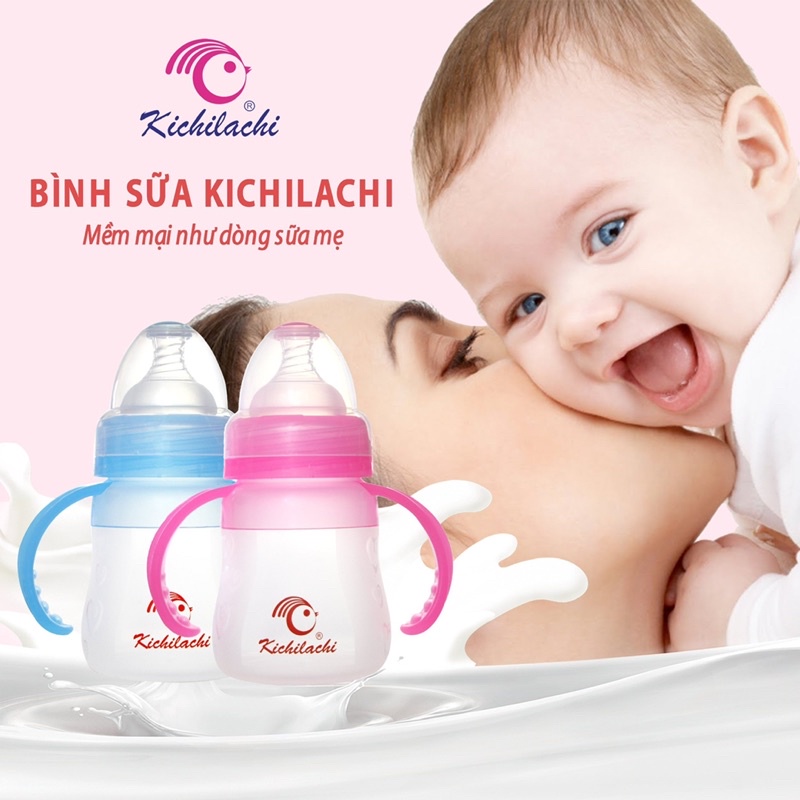 Bình Sữa Tráng Bạc Silicone Cổ Rộng Kichilachi Có Van Chống Sặc Siêu Mềm 150ml [ KÈM NÚM TI ]