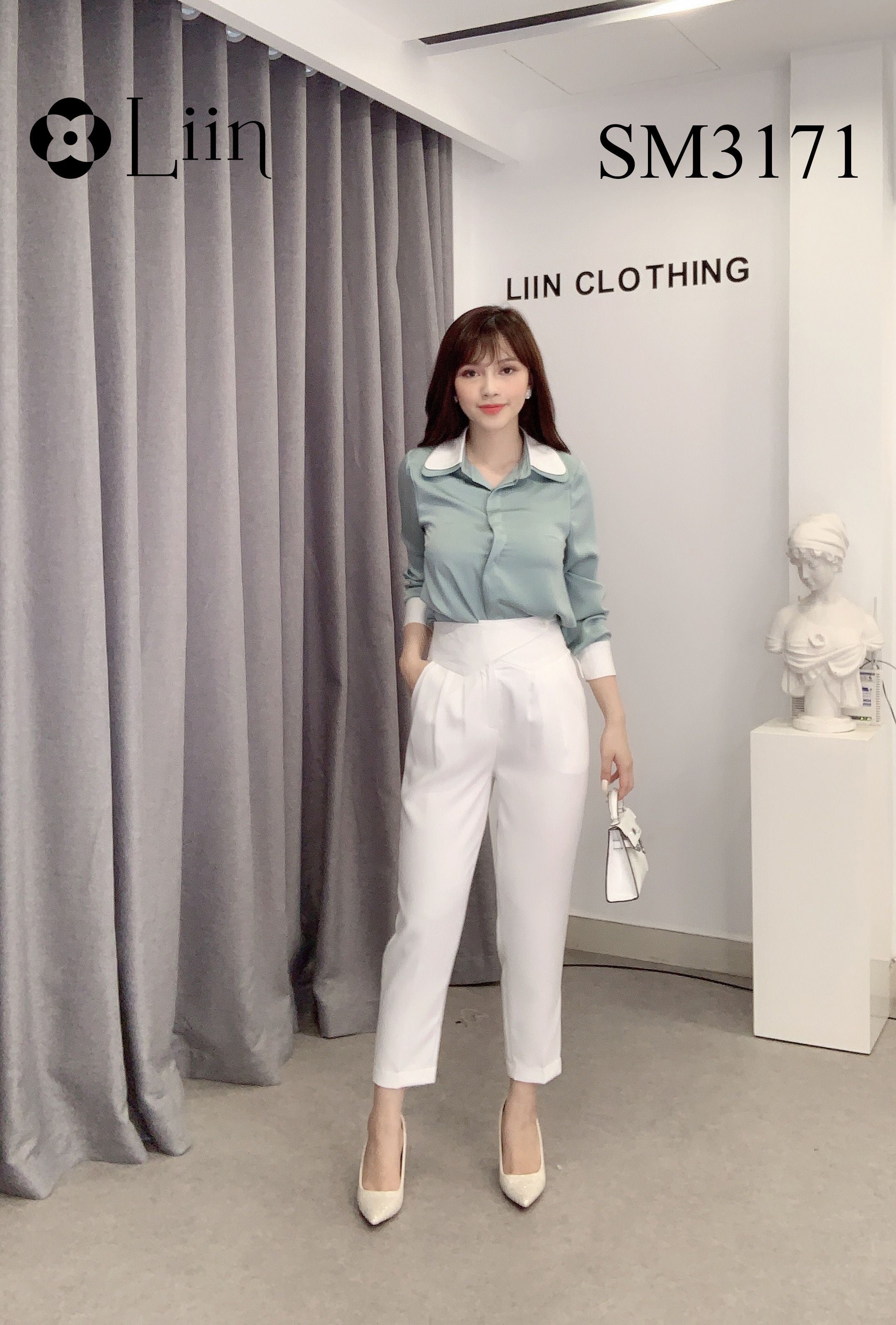 Áo sơ mi nữ màu Xanh thiết kế Cổ 2 Lớp kết hợp viền trắng thời trang Liin Clothing SM3171