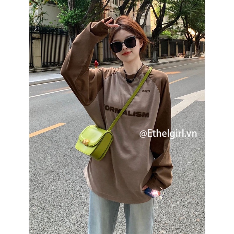 Áo Thun Nữ Tay Dài Dáng Rộng In Chữ Phong Cách retro Mỹ