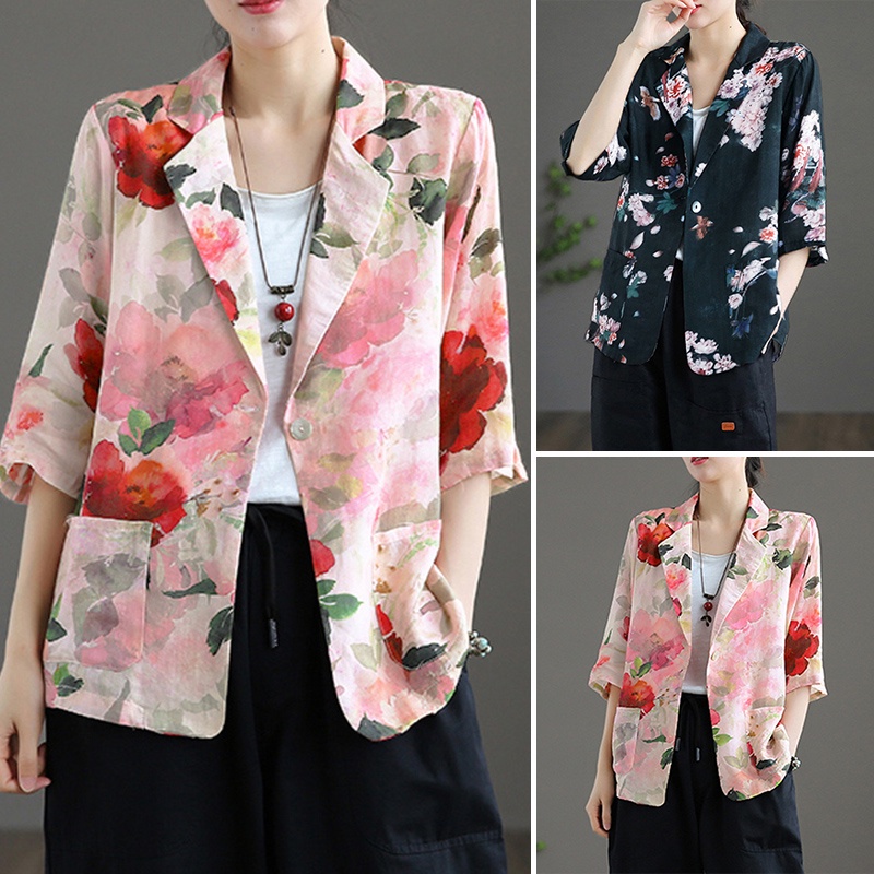 ZANZEA Women Vintage Turn-Down-Collar Front Pockets 3/4Sleeve Printed Suits | BigBuy360 - bigbuy360.vn