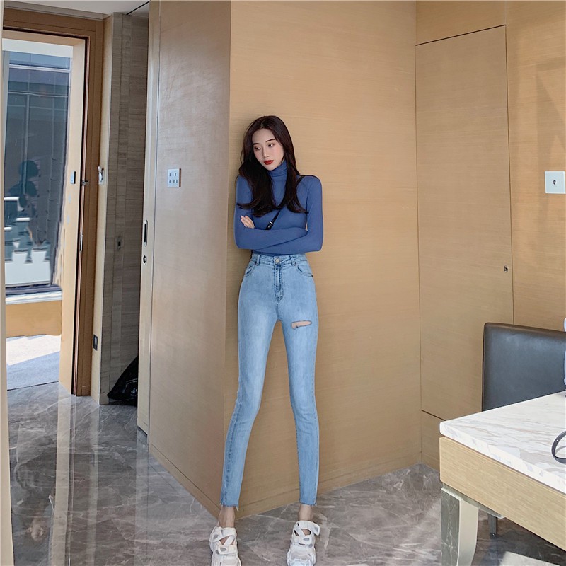 Quần Jeans Nữ Cạp Cao Dáng Ôm Rách Nhẹ - Emilyshop