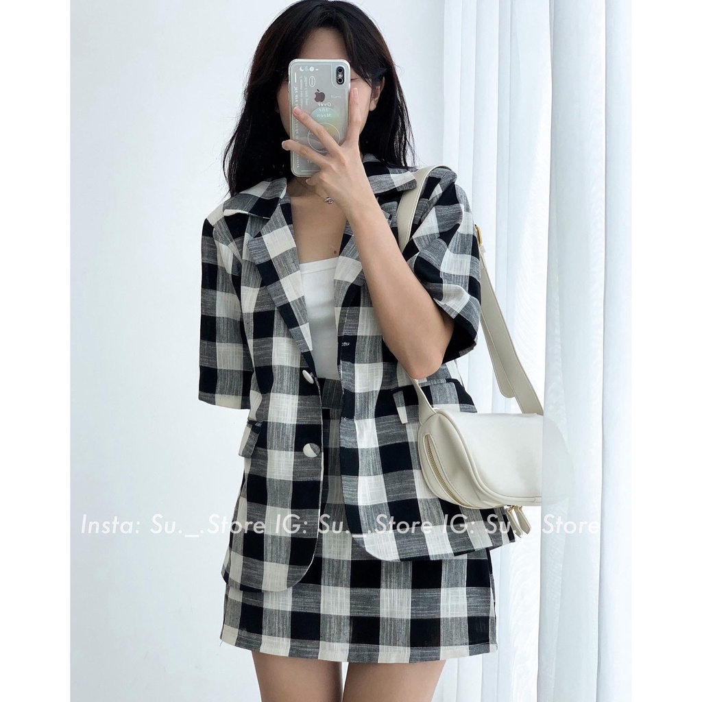 Set áo blazer kẻ ô vuông đệm vai kèm chân váy lưng chun S388 SUSTORE