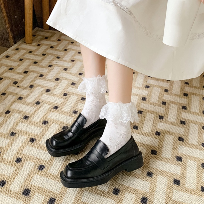 Xiangbao Vớ Cotton Cổ Thuyền Phối Ren Họa Tiết Hoa Viền Xếp Nếp Cho Nữ