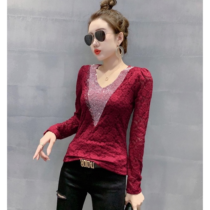 Áo Thun Tay Dài V Ren Đính Đá Phong Cách Mới