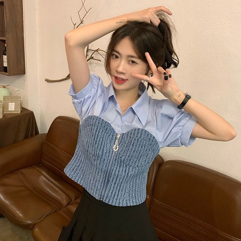 Áo Sơ Mi Denim Ngắn Tay Phong Cách Pháp Mẫu Mới Thời Trang Xuân Hè 2022 Cho Nữ
