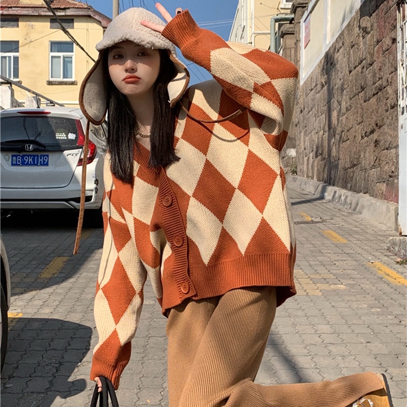 Áo Khoác Cardigan Nữ Màu Đen Trắng Cam Dệt Kim Cổ V Hình Thoi Dài Tay Vintage Chất Len Thỏ Hàn Quốc Hot Trend