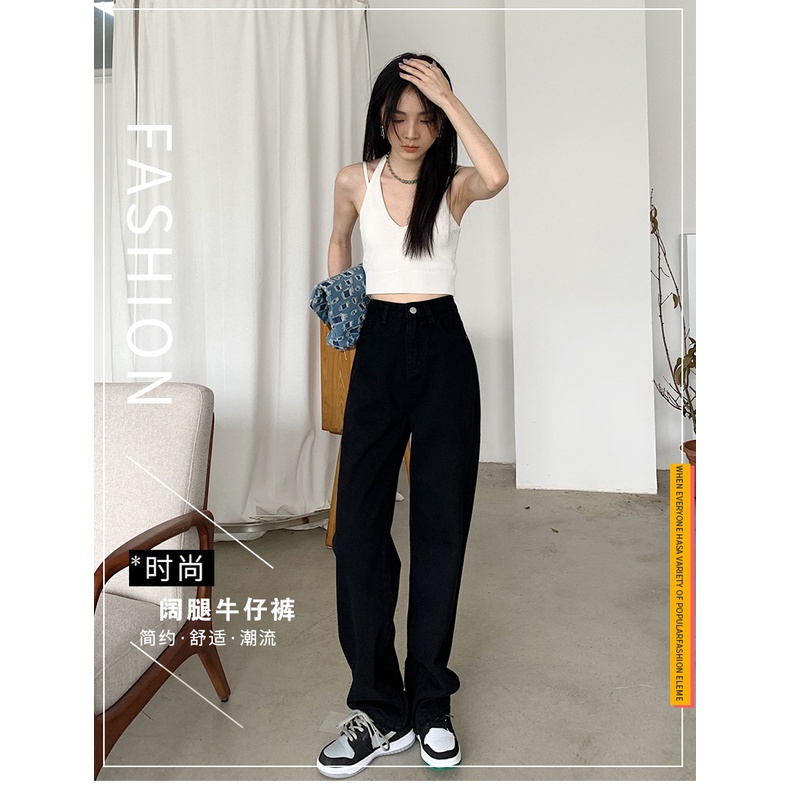 Quần jeans ống rộng chất bò dáng suông màu đen,jeans cạp cao phong cách Hàn Quốc sành điệu-MAI THỎ SHOP