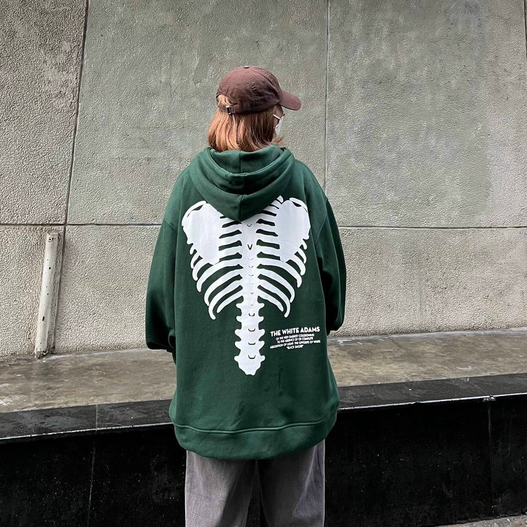 Áo hoodie nỉ cottong Bộ Xương The White Adams in trước sau