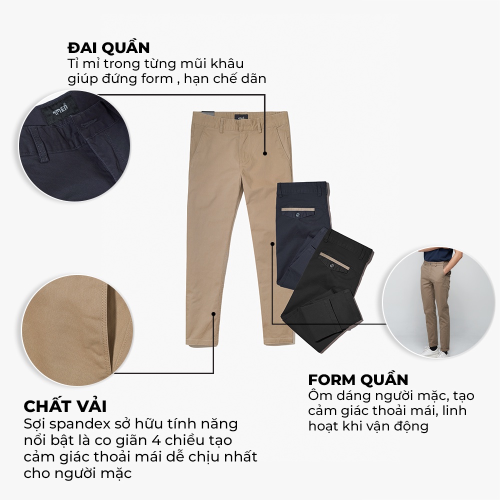 Quần kaki nam 4MEN kiểu dáng dài với túi sau phối nắp, form slimfit, vải kaki cotton thun cao cấp co giãn QK003