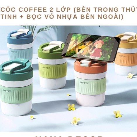 Cốc Uống Coffee KÈM ẢNH THẬT Ly Cốc Thủy Tinh Cao Cấp Bọc Vỏ Nhựa Kèm Nắp Và Ống Hút
