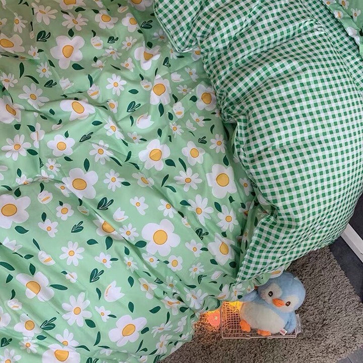 Bộ chăn ga gối drap giường chất cotton poly họa tiết bông nhí xanh