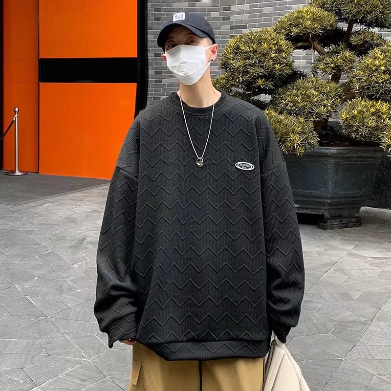 Áo thun sweater chui đầu cổ tròn dáng rộng phối chữ nổi thời trang mùa thu dành cho cặp đôi