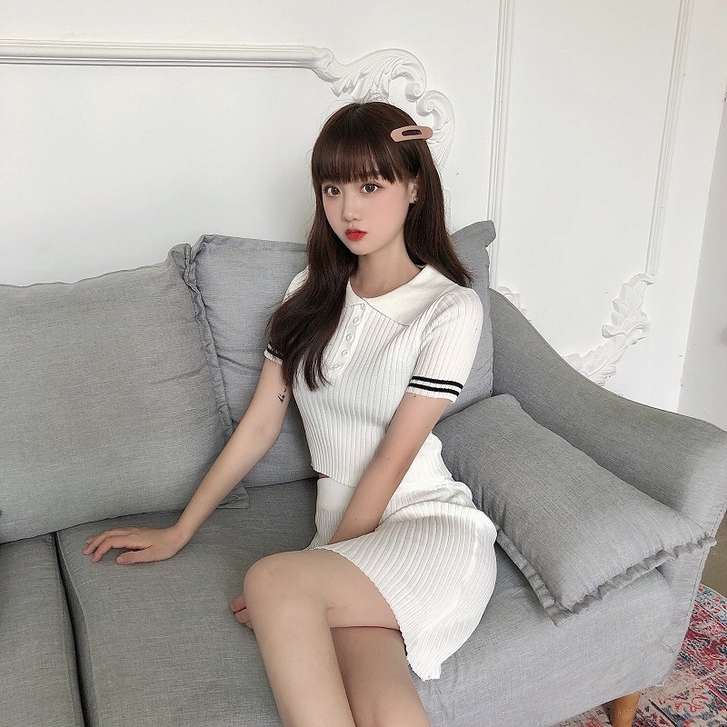 MS536 Set áo polo kèm chân váy len tăm