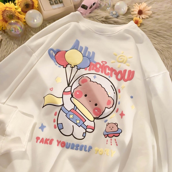 【ZHELIHANGFEI】Áo Thun Tay Dài Dáng Rộng In Hình Gấu Phi Hành Gia Dễ Phối Đồ