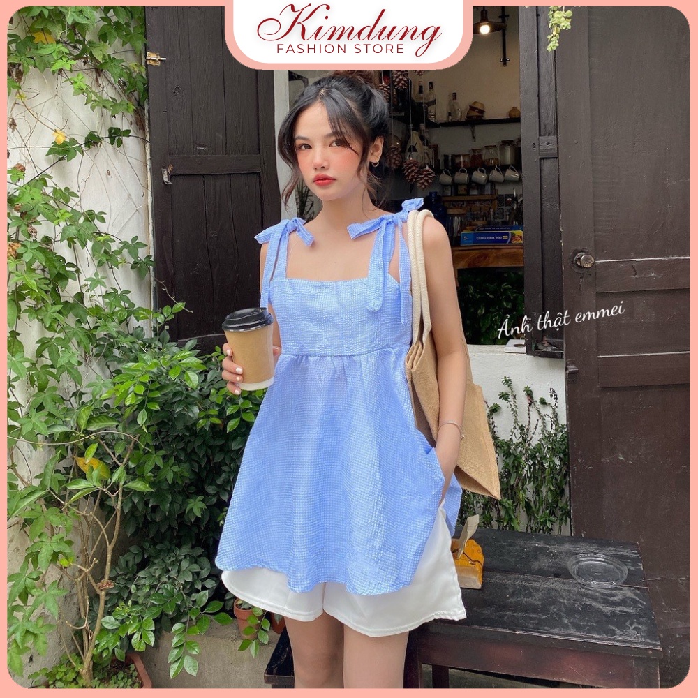 Set Hai Dây Kẻ Xốp Buộc Nơ Kèm Quần Short Trắng Nữ - Sét Đồ Ulzzang Áo Baby Doll Kẻ Caro 3 Màu Siêu Xinh