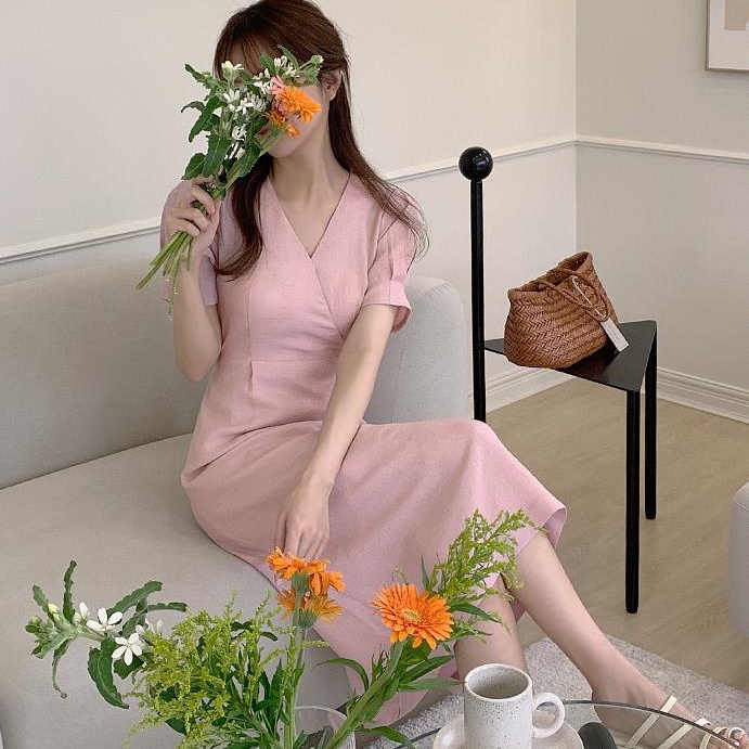 Đầm midi SUXI tay ngắn cổ chữ V màu sắc đơn giản thời trang mùa hè quyến rũ cho nữ