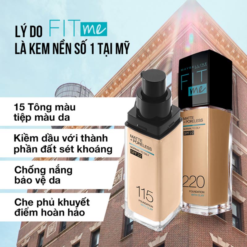 Kem nền Maybelline Fit Me Matte + Poreless màu 118 Light Beige 30ml cho lớp nền mịn, lì tự nhiên và kiềm dầu