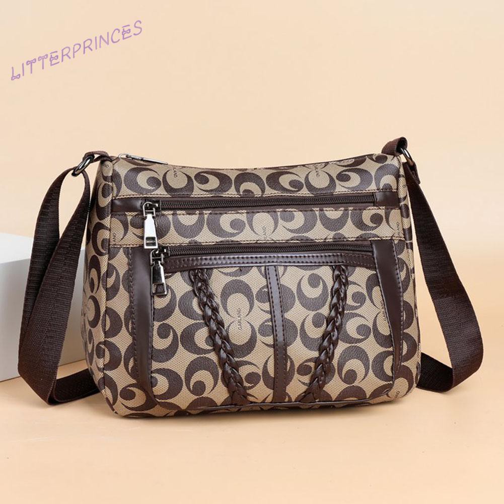 Litterprinces Retro Women Print Leather Shoulder Crossbody Bag Multi-pocket Small Handbag