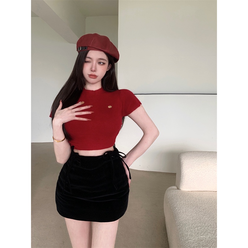 Cocory vn Áo Croptop Dệt Kim Tay Ngắn Thiết Kế Quyến Rũ 3 Màu Lựa Chọn