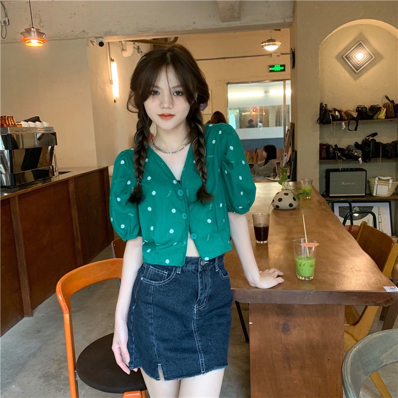 Áo Cardigan Tay Phồng Cổ Chữ V Họa Tiết Hoa Cúc Phong Cách Kiểu Pháp Cổ Điển Duyên Dáng