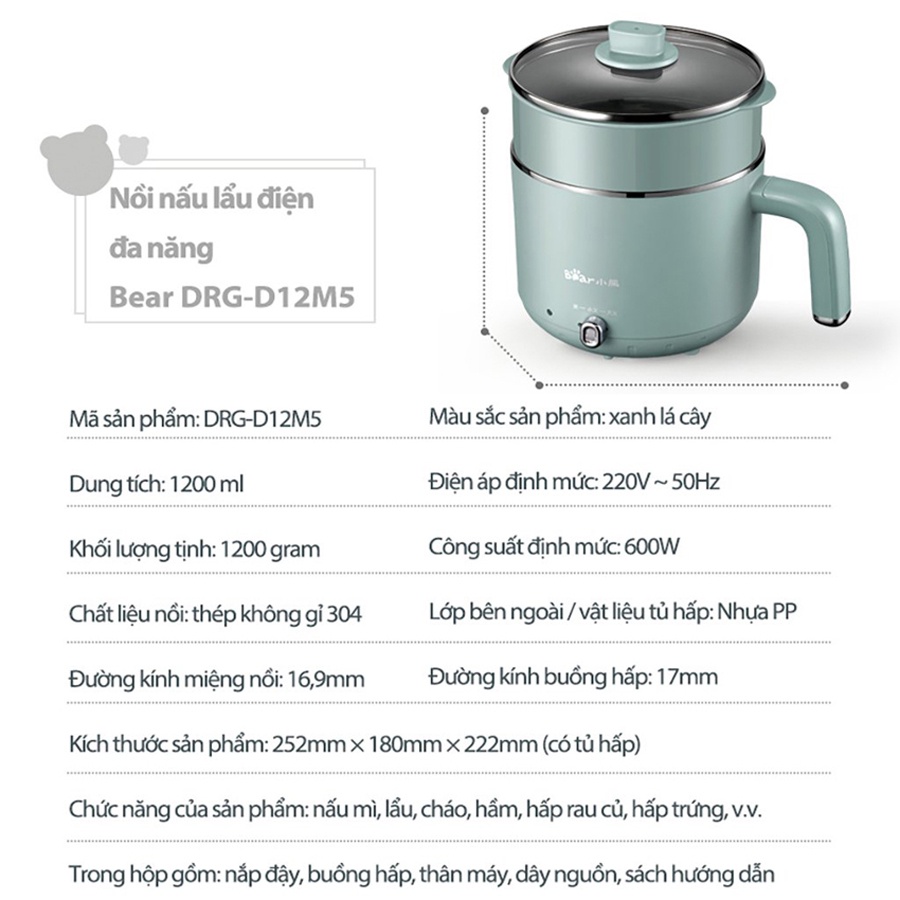 Nồi lẩu điện đa năng mini Bear 1.2L 600W, thiết kế nhỏ gọn tiện dụng, HomeMart – Hàng chính hãng BH 18 tháng
