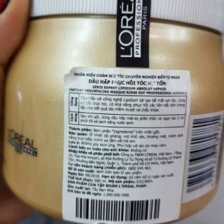 Hấp dầu phục hồi tóc hư tổn L'oreal Absolute Repair Lipidium - 500ml