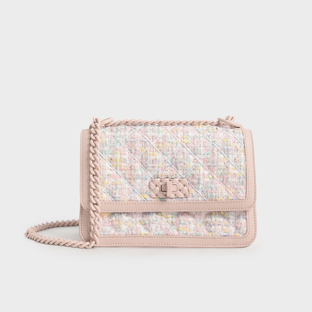 Túi đeo chéo nữ chữ nhật chần ô CnK vải tweed màu ombre ck2 80151108