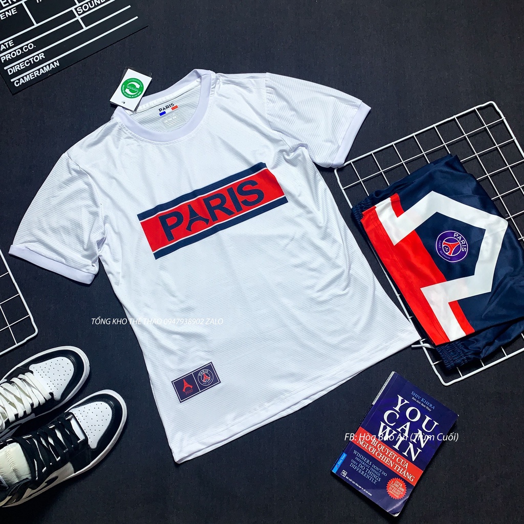 Quần Áo Bóng Đá CLB PSG 2023 Áo Trắng Quần Đen Training Mẫu mới Vải Gai Lưới Chuẩn Áo Thi Đấu