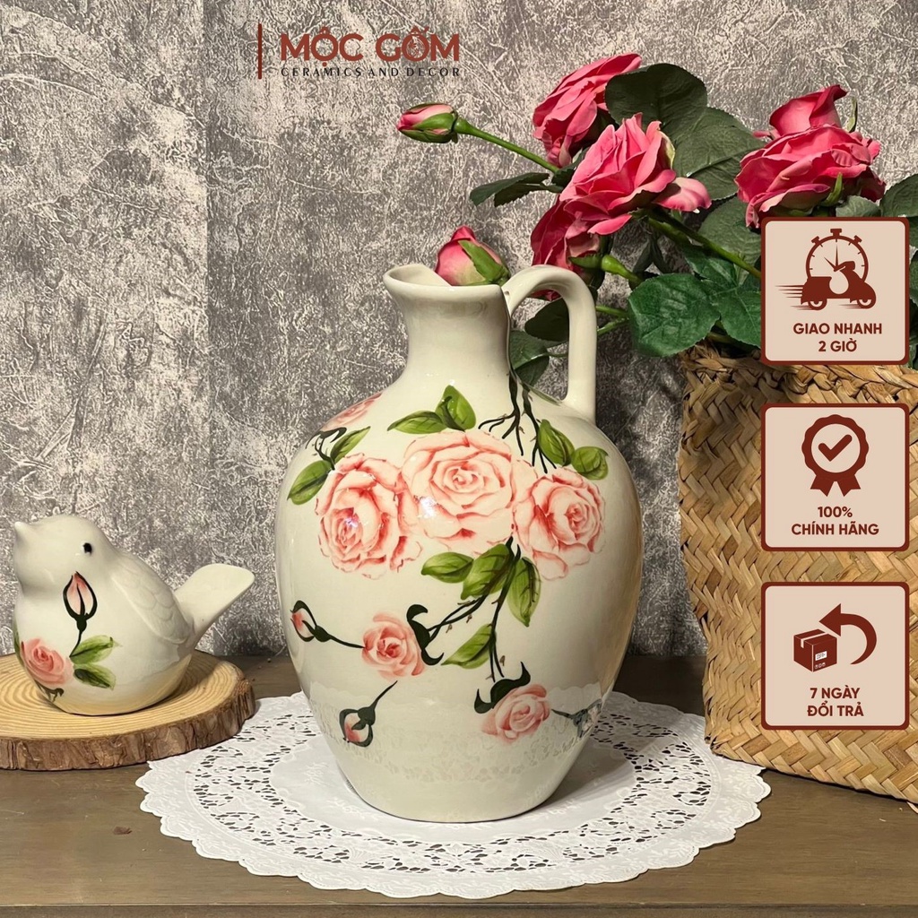 Bình gốm quai sữa Bát Tràng cắm hoa trang trí họa tiết hoa hồng vẽ tay thủ công đẹp trang trí phòng khách Mộc Gốm MG83