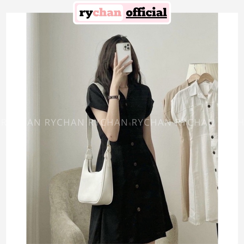 Đầm Nữ Đi chơi Dáng Sơ Mi 2 Túi Nút Đen Tay Ngắn Phong Cách Hàn Quốc Màu Trắng Nude Đen [ẢNH THẬT CUỐI] - DX9792