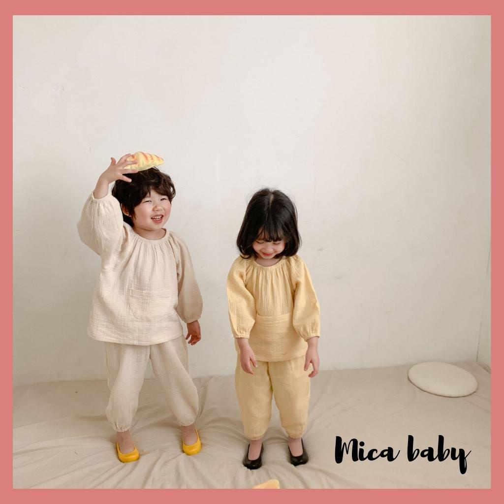 Bộ quần áo thu đông dài tay vải xô muslin cao cấp cho bé QA42, quần áo sơ sinh bé trai bé gái Mica baby từ 8-18kg
