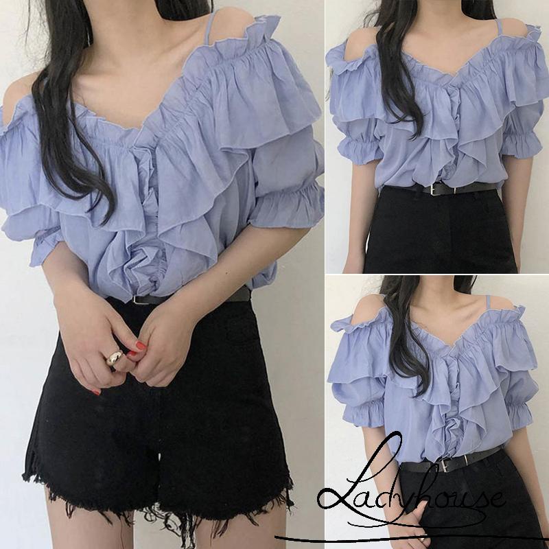Áo Kiểu Trễ Vai Tay Ngắn Màu Trơn Thời Trang Mùa Hè Cho Nữ