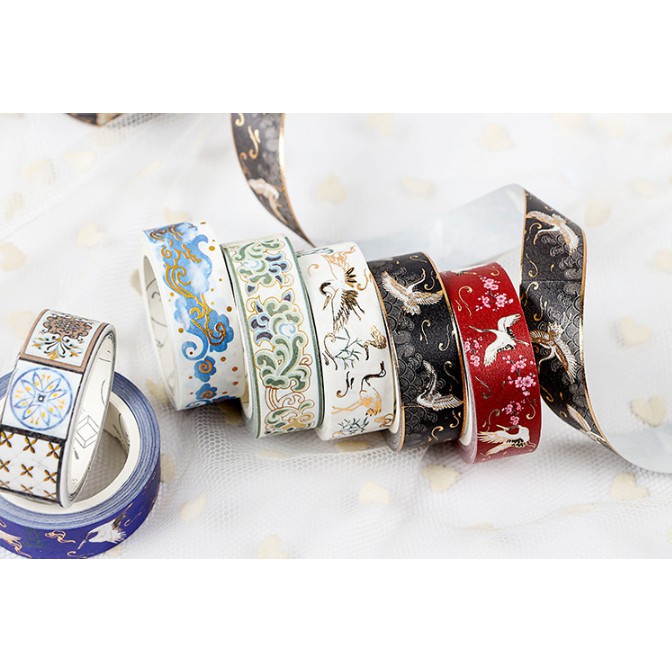 WASHI TAPE Băng dính trang trí, Họa Tiết Nhũ Vàng Ánh Kim Phong Cách Trung Hoa Cổ