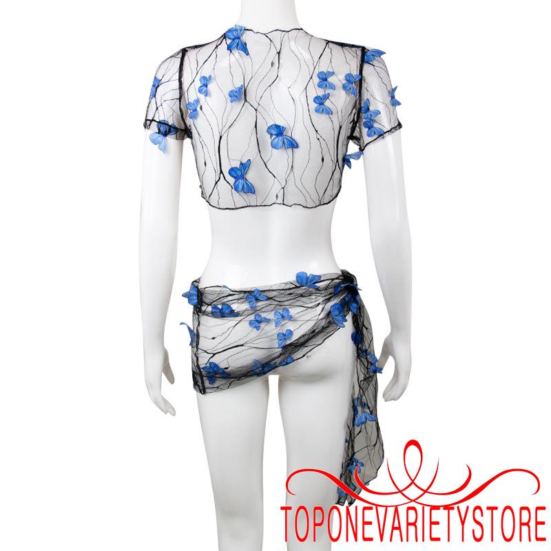 One Set Đồ Bơi Áo Croptop Tay Ngắn + Chân Váy Lưới Họa Tiết Bướm Thời Trang Quyến Rũ Cho Nữ