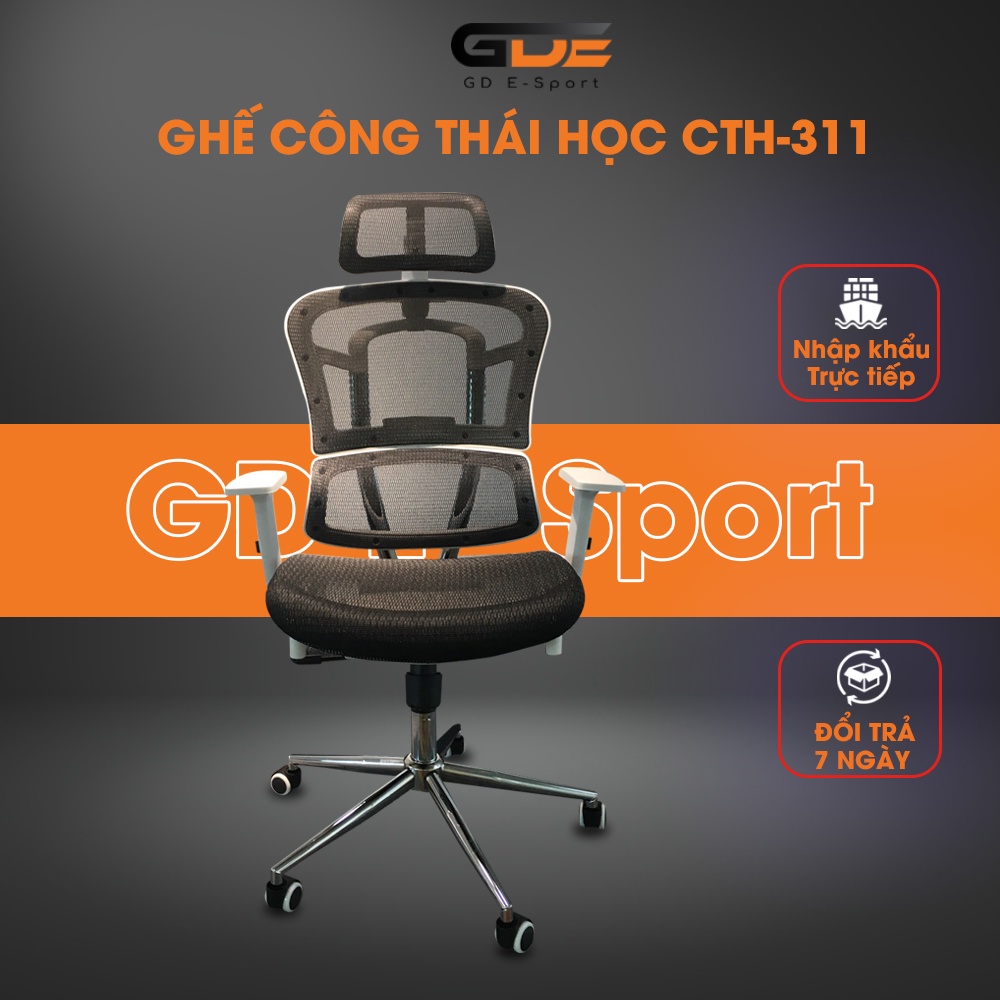 Ghế Gaming, Thiết Kế  Công Thái Học GD e-sport Model CTH311 Chất Liệu Lưới Chân Kim Loại Màu Trắng Đen