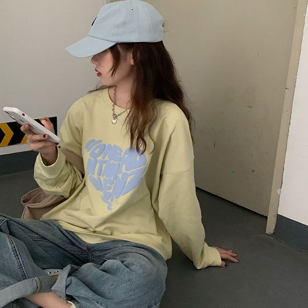 Áo Khoác Sweater Cổ Tròn Tay Dài Dáng Rộng In Hình Trái Tim Kiểu Vintage Hàn Quốc Thời Trang 2022