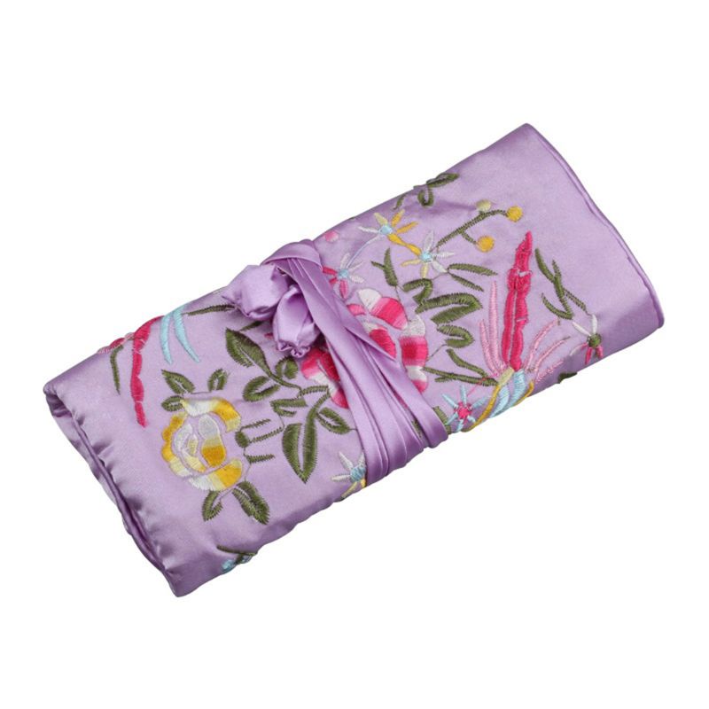 HO Oriental Silk Jewelry Roll Wrap Embroidery Jewellery Pouch Organizer Travel Ornaments Storage Case