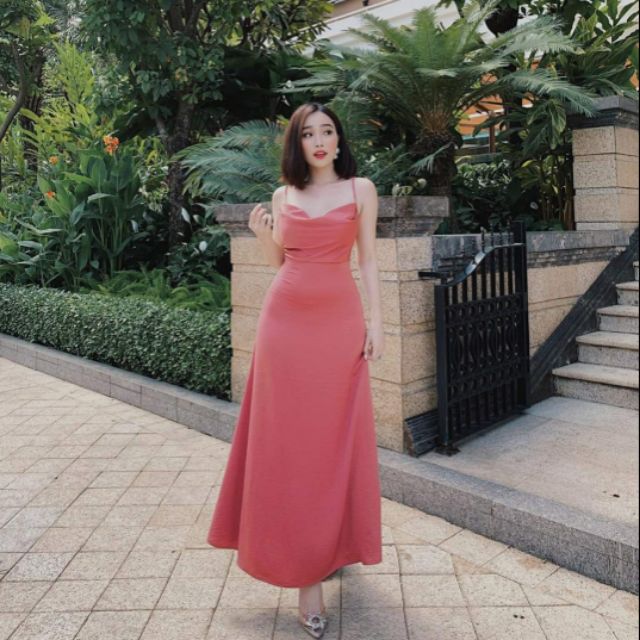 Đầm maxi lụa cổ đổ cao cấp 2 màu
