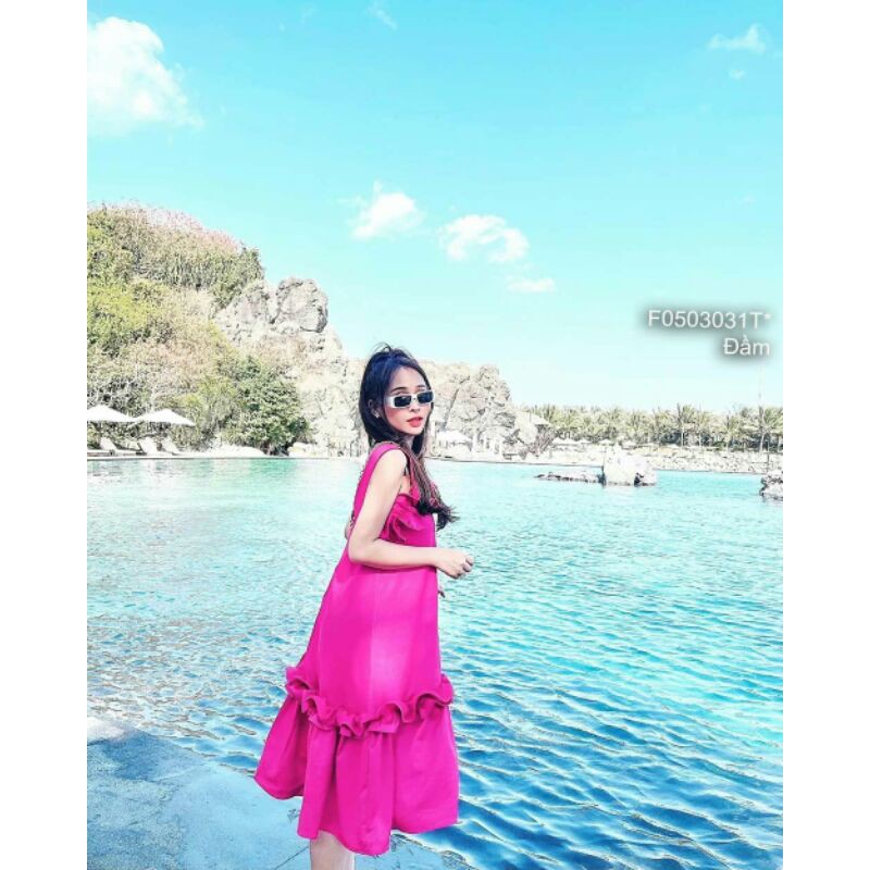 Đầm maxi hồng phối bèo nhún 2 dây bảng! | BigBuy360 - bigbuy360.vn