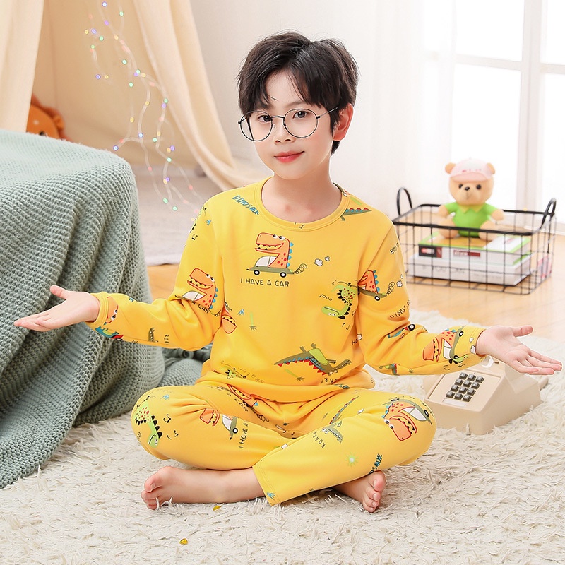 Bộ đồ ngủ dài tay lót nhung giữ nhiệt phong cách Hàn Quốc thời trang thu đông dành cho trẻ em 100-170CM