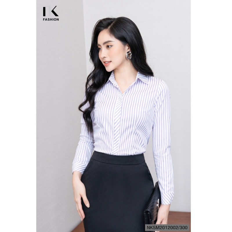 Áo Sơ Mi Nữ Công Sở NK Fashion Cổ Đức Tay Dài, Hoạ Tiết Kẻ Sọc Giấu Khuy Hiện Đại, Chất Liệu Cao Cấp NKSM2012002