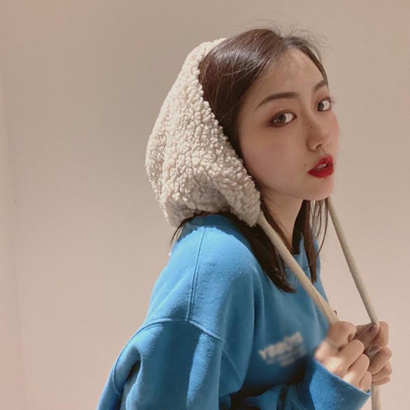 Mũ beanie lông cừu màu trơn chống gió có tai giữ ấm mùa đông cho nữ