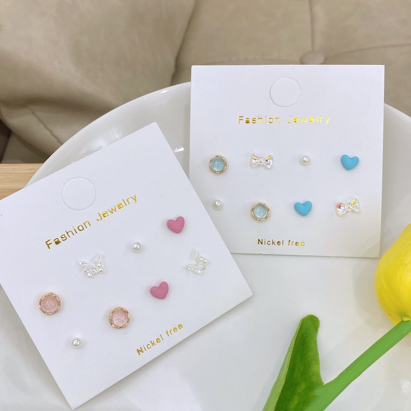 Bộ 8 chiếc khuyên tai đinh tán nhiều kiểu khác nhau đính đá quý nhân tạo tinh tế màu hồng/xanh dương dành cho bạn nữ