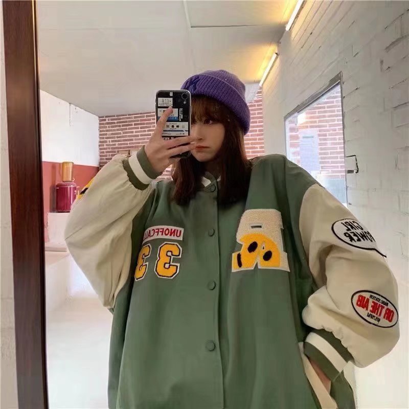 Áo khoác bomber dáng rộng thêu họa tiết phong cách hip hop Hàn Quốc thời trang thu đông cho nam size S-3XL