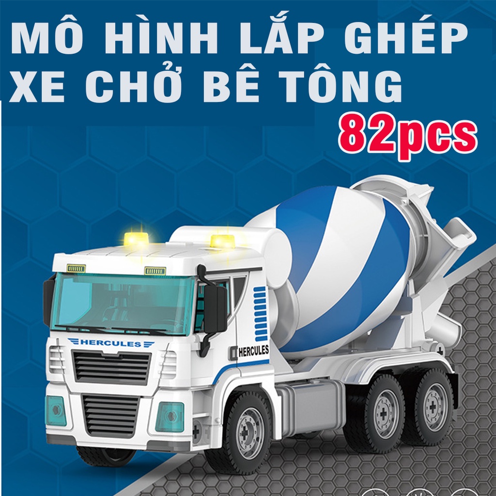 Xe trộn bê tông mô hình lắp ghép 82pcs đồ chơi trẻ em bằng nhựa có âm thanh và đèn