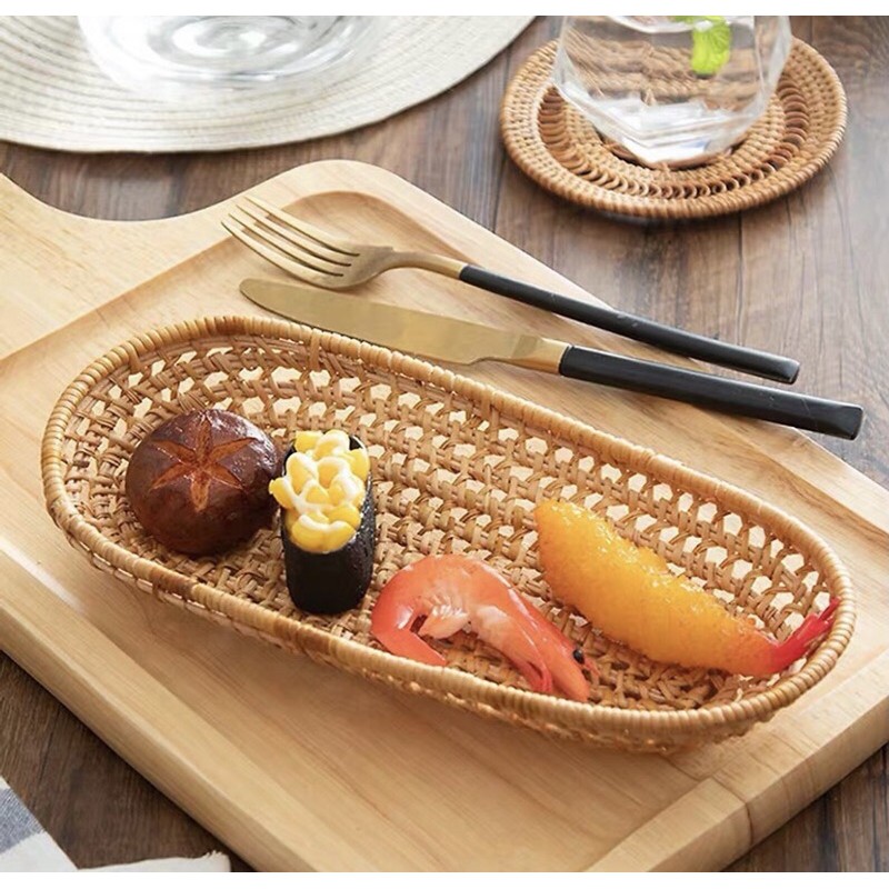 Khay mây đan thưa đựng đồ ăn, bánh mỳ, lót cốc, giỏ mây mini lưu trữ giỏ trái cây và bánh kẹo trang trí bữa tiệc tối, ca